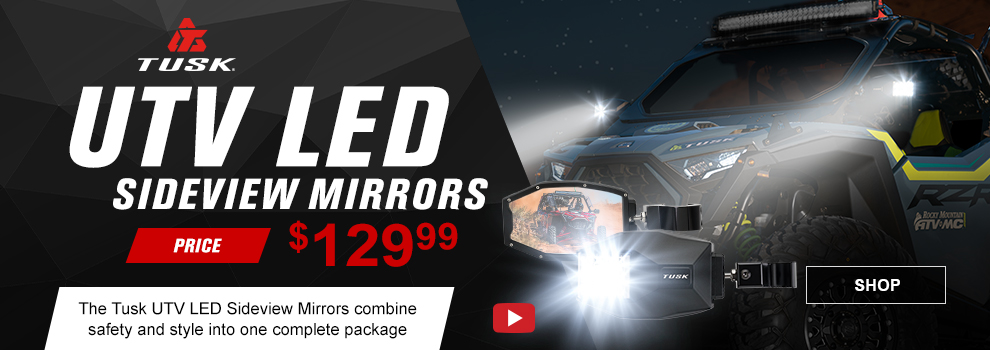 Tusk UTV LED Sideview mirrors, price one hundred and twenty nine dollars and ninety nine cents. The Tusk UTV LED sideview mirrors combine safety and style into one complete package, SHOP button